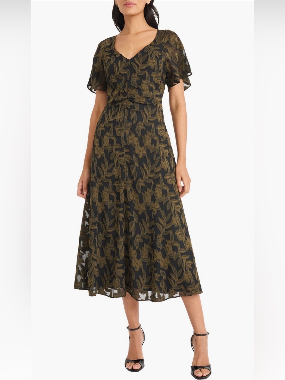 Maggy London Olive Leaf-Print V-Neck Midi Dress